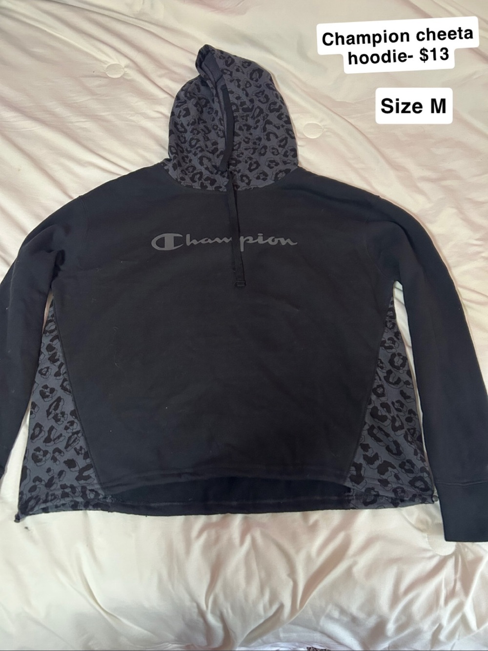 Champion Black Hoodie with Gray Leopard Panels